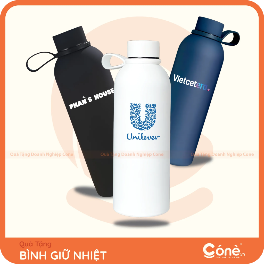 Bình giữ nhiệt in logo Phan's House, Unilever và Vietcetera màu đen trắng xanh