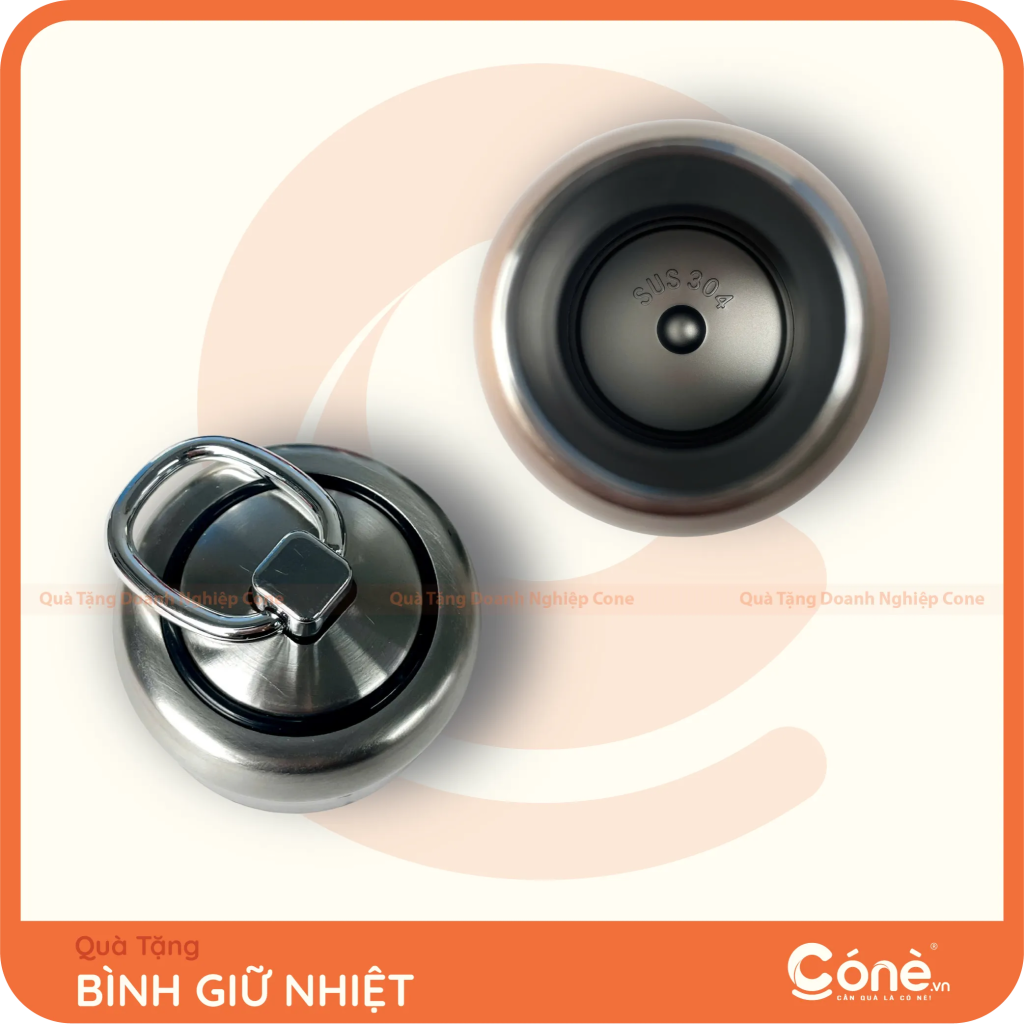Bên trong bình giữ nhiệt Khởi Đầu inox 304 và nắp có quai xách
