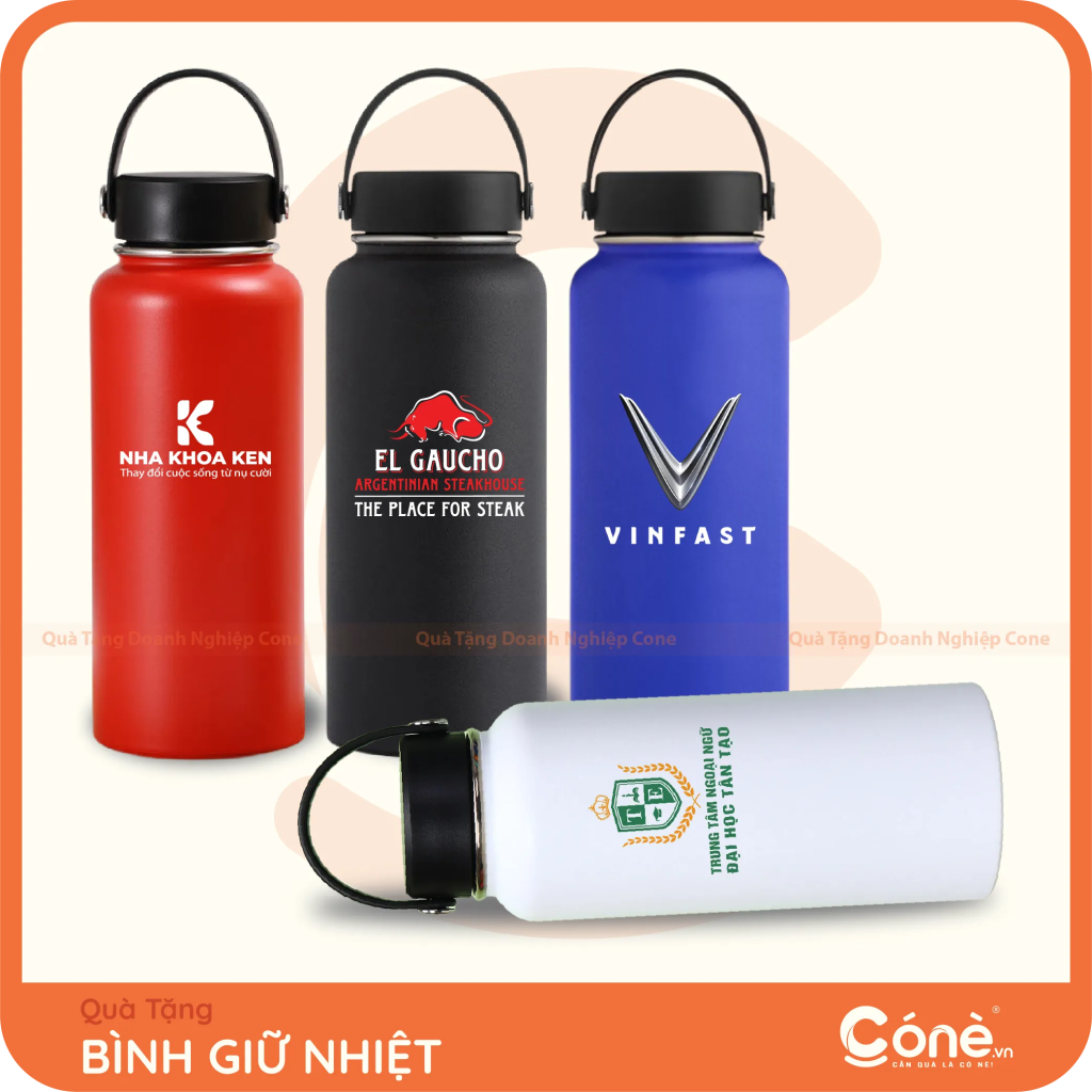 Bình giữ nhiệt nhiều màu in logo Nha Khoa Ken, El Gaucho, VinFast và Đại học Tân Tạo