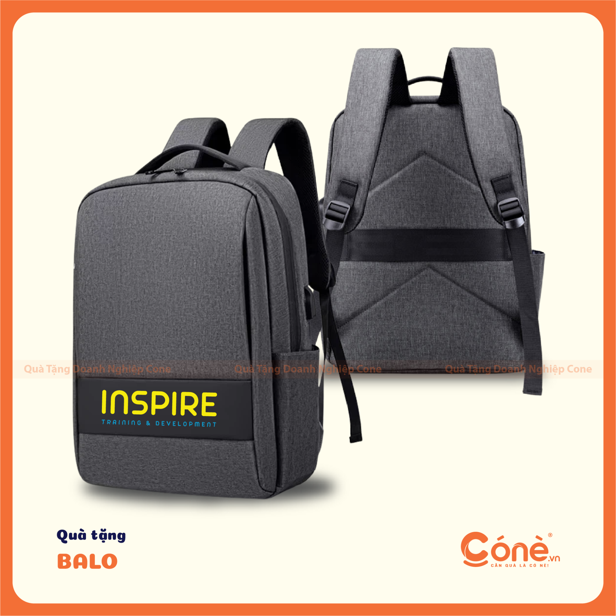 qua-tang-balo-laptop-cone-mau-xam-dam-in-logo