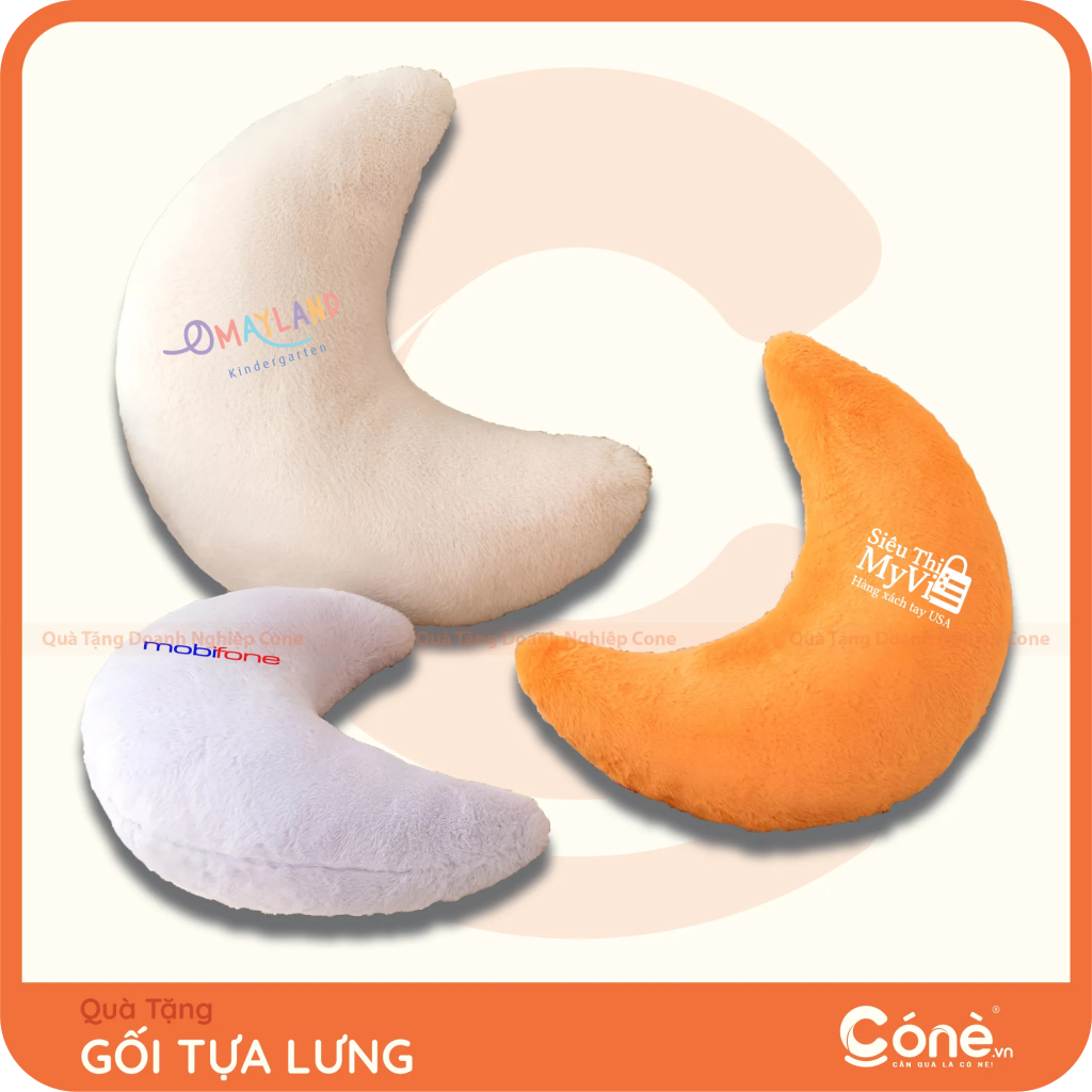 Gối Tựa Chill hình mặt trăng nhiều màu sắc in logo Mayland Kindergarten, MobiFone và Siêu Thị Mỹ