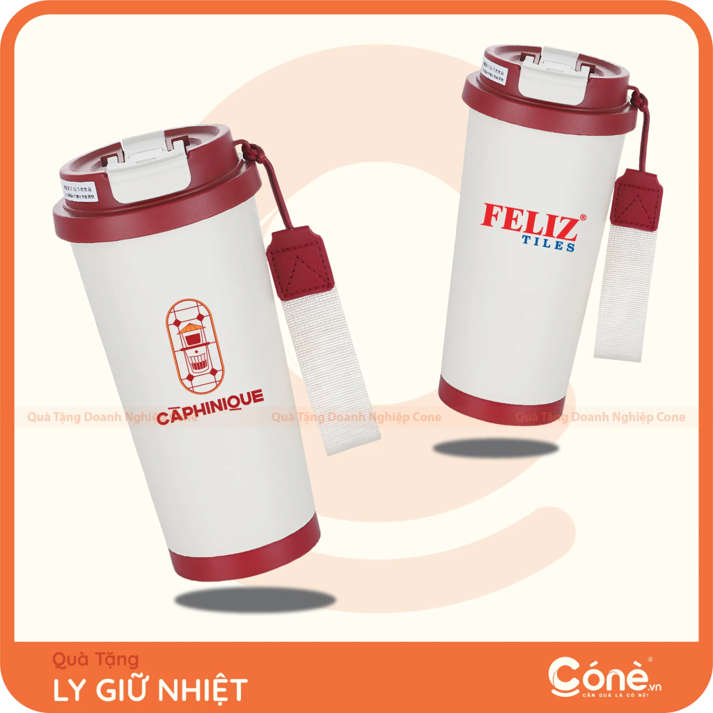 Ly giữ nhiệt 530ml có quai vải  màu trắng đỏ in logo Caphinique và Feliz Tiles