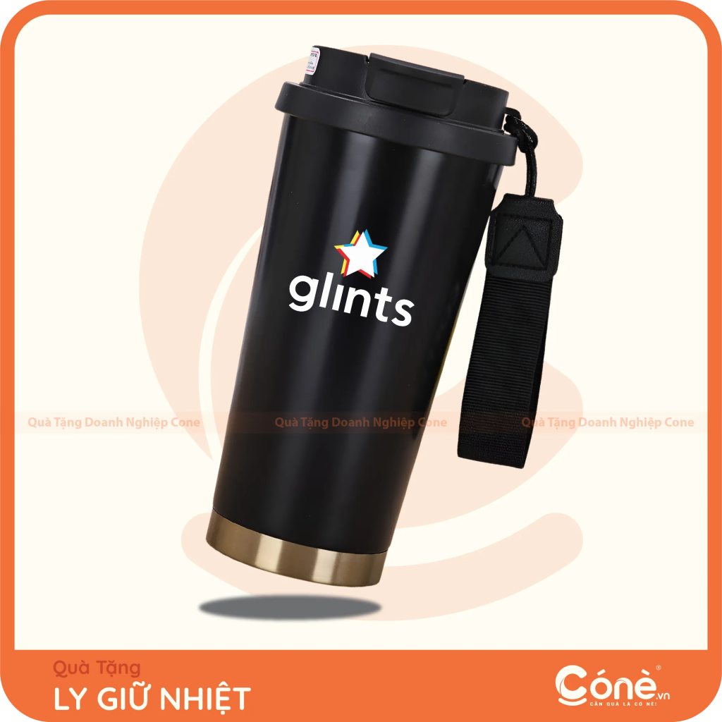 Ly giữ nhiệt 530ml có quai vải in logo Glints màu đen