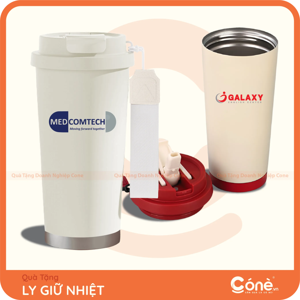 Ly giữ nhiệt 530ml có quai vải in logo Medcomtech và Galaxy English Center màu trắng
