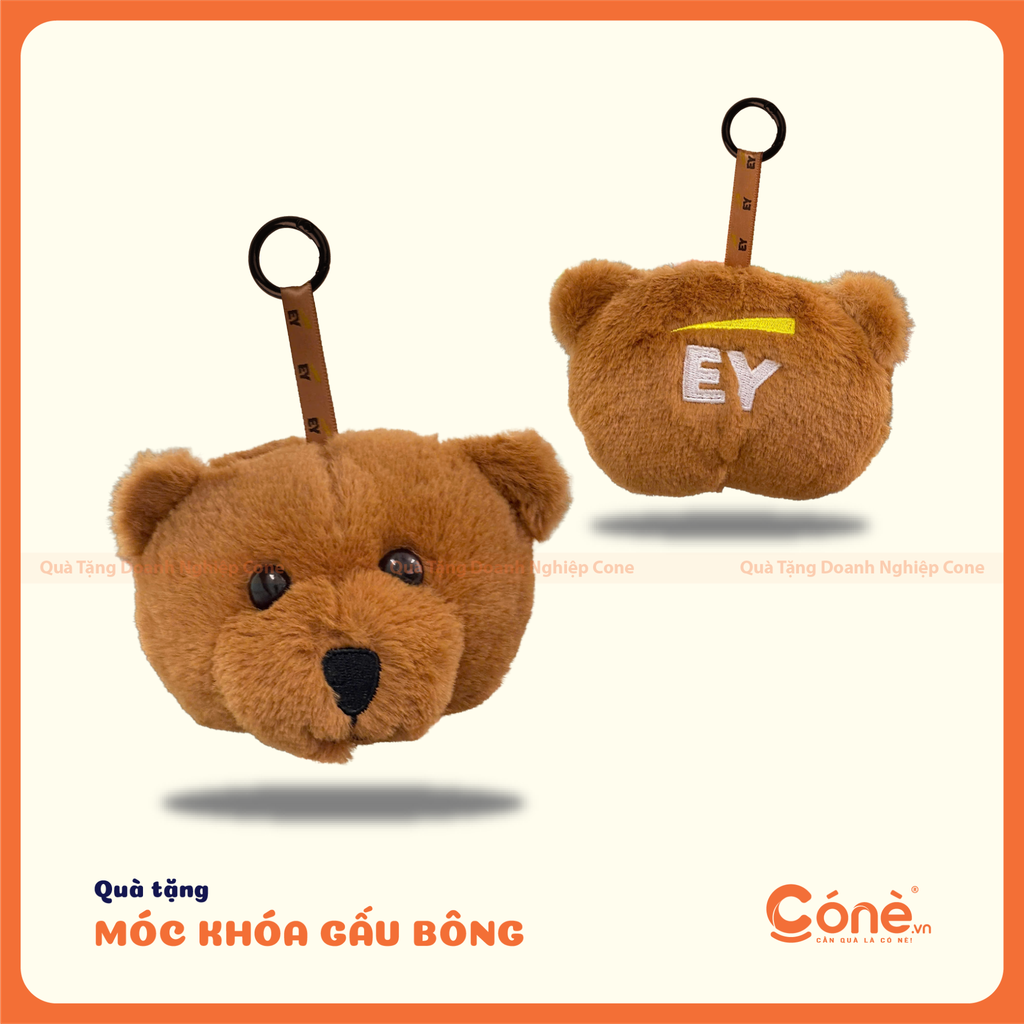 Móc khóa gấu bông Bear Head màu nâu in và thêu logo