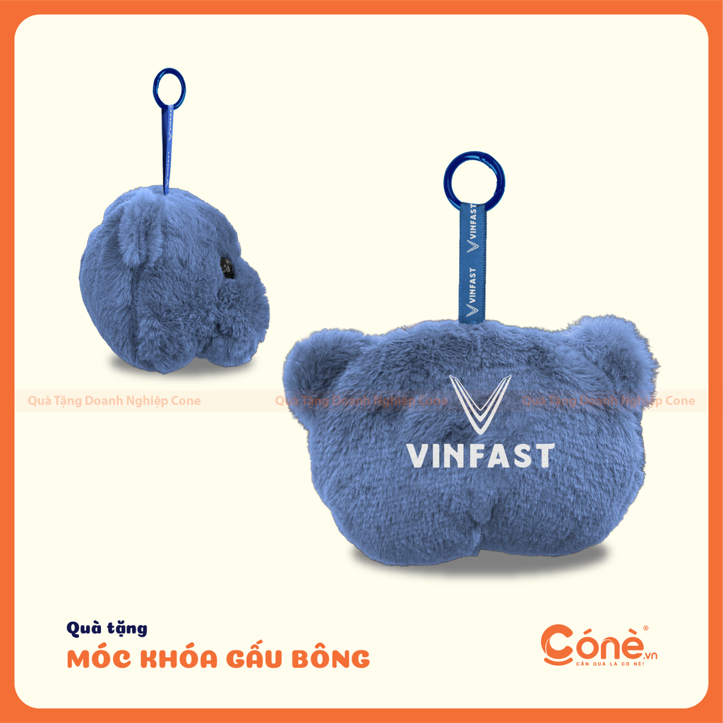 Móc khóa gấu bông Bear Head màu xanh in logo trên dây