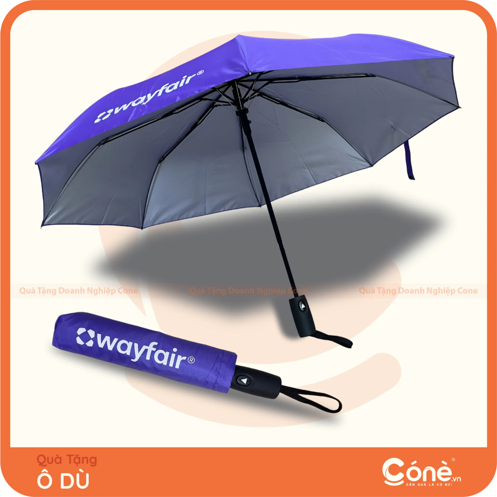 Ô dù quà tặng có nút bấm 1 chiều màu tím in logo Wayfair