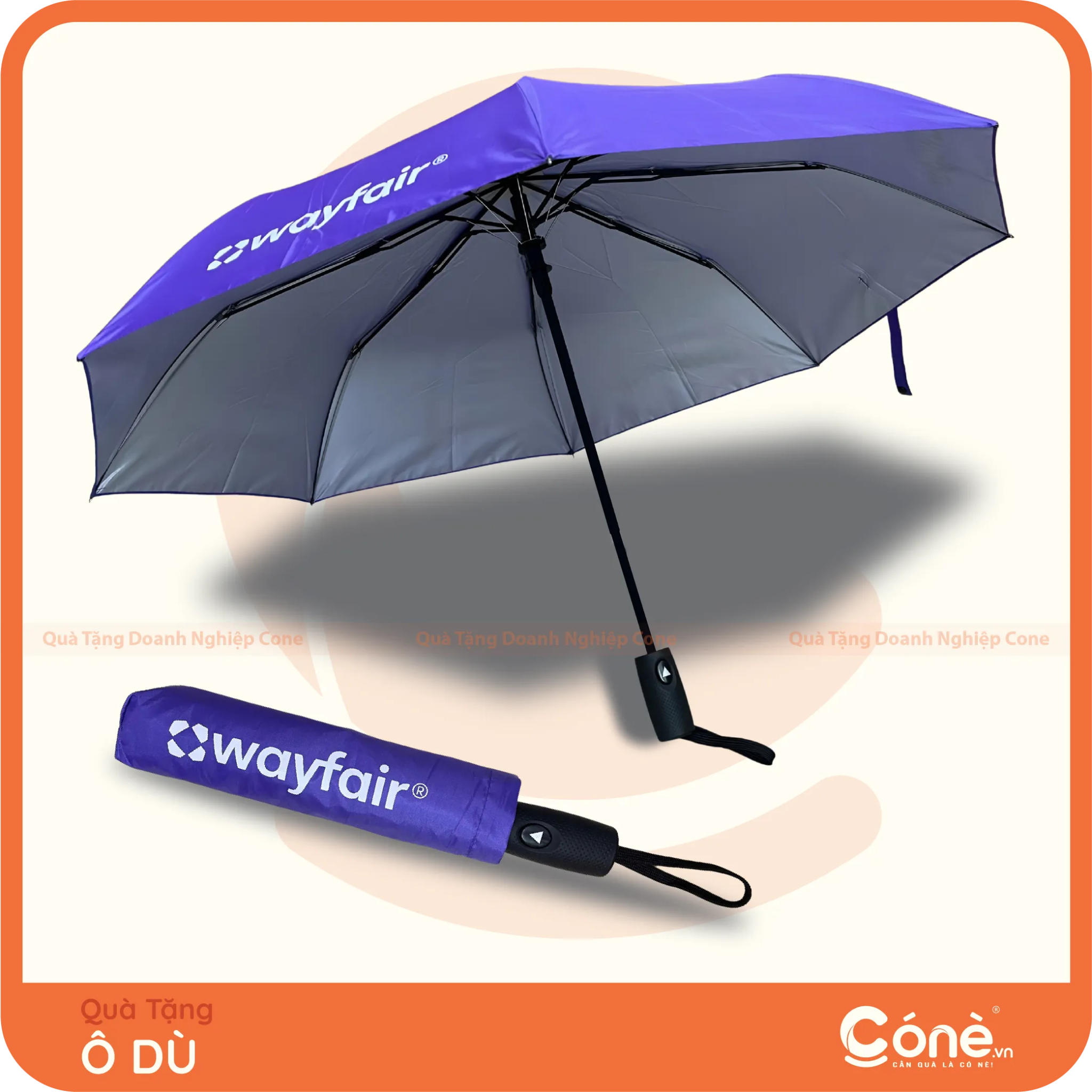 Ô dù gấp 3 quà tặng màu tím in logo Wayfair