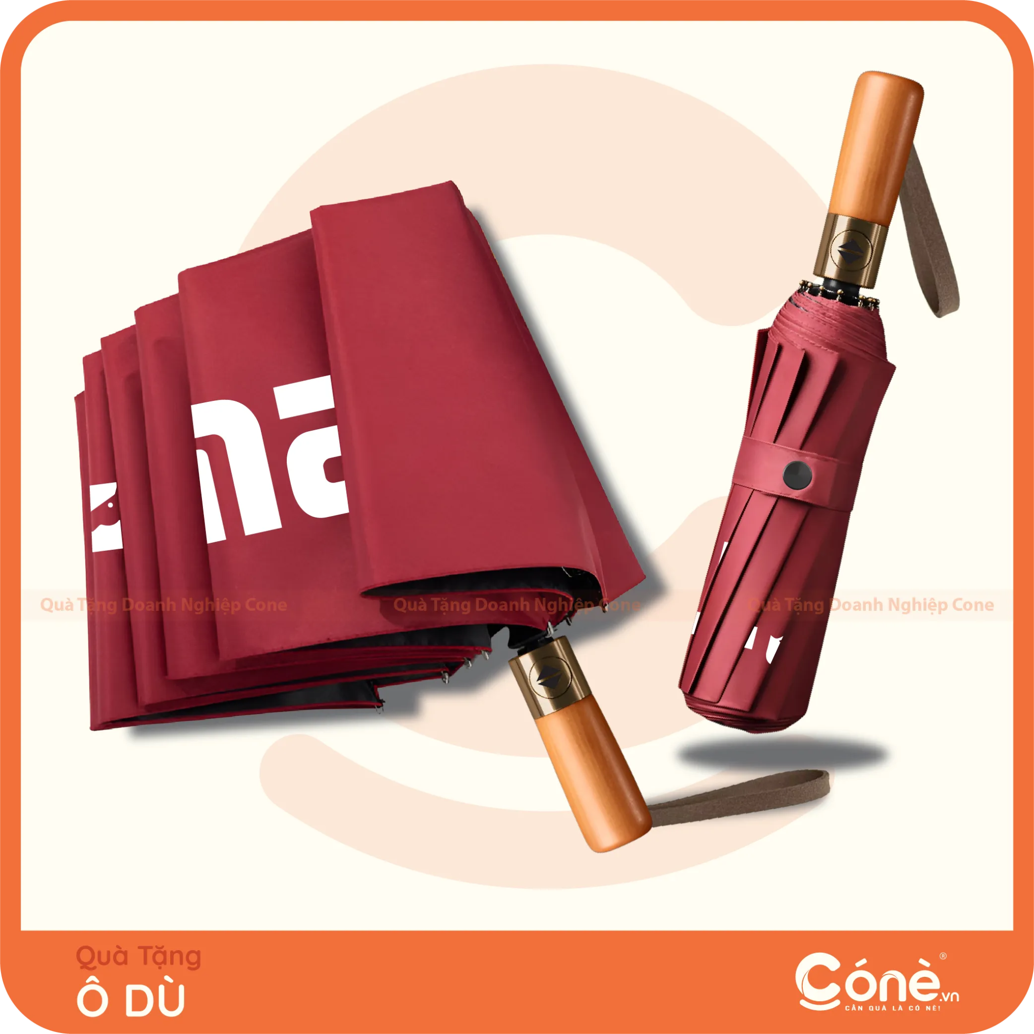 Ô dù gấp 3 cán gỗ in logo doanh nghiệp
