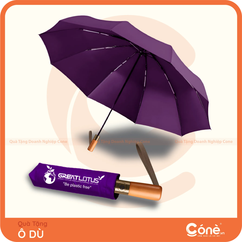 Ô dù màu tím có tay cầm gỗ in logo Great Lotus