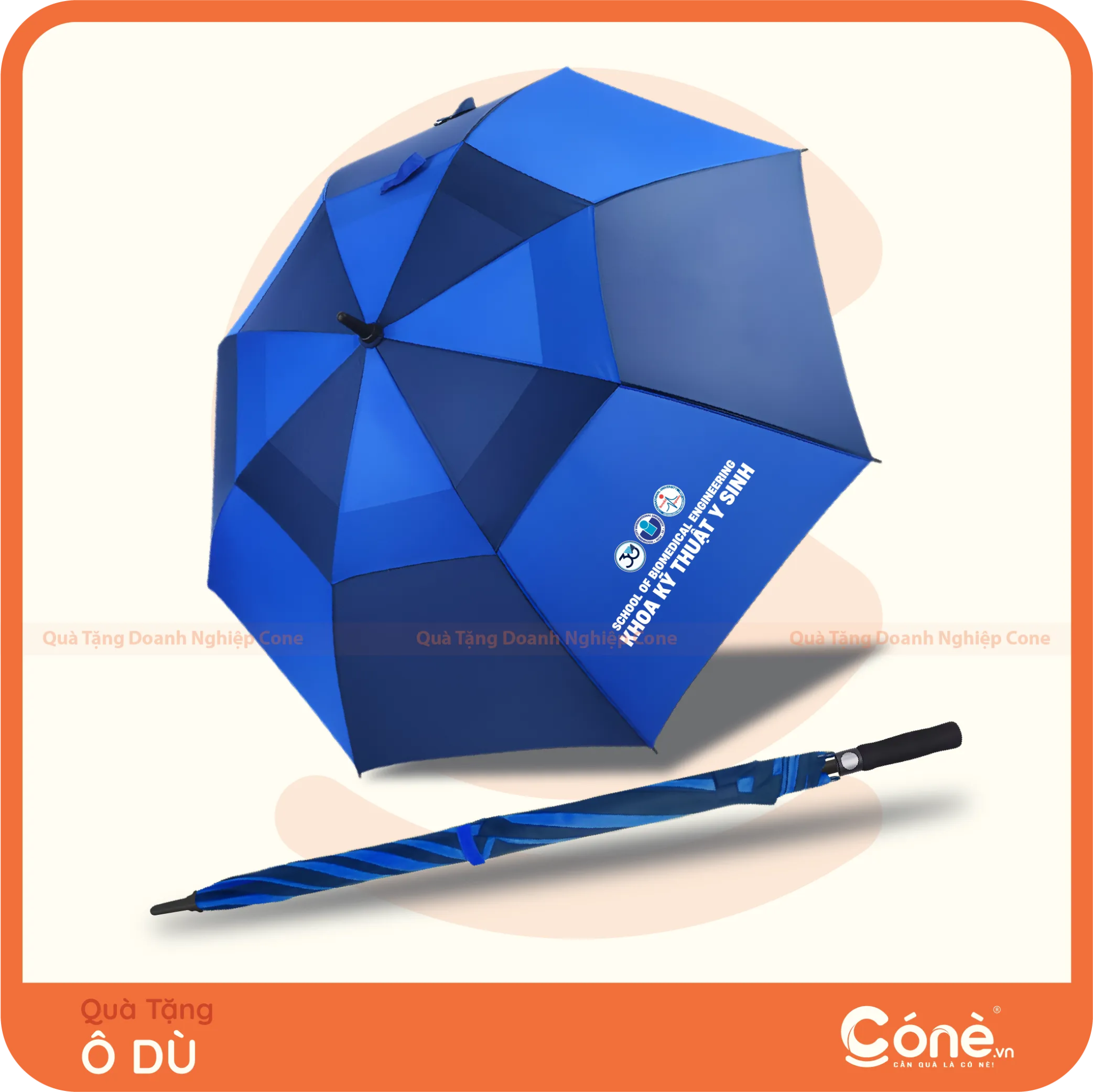 Ô dù cán thẳng màu xanh dương in logo Khoa Kỹ thuật Y sinh