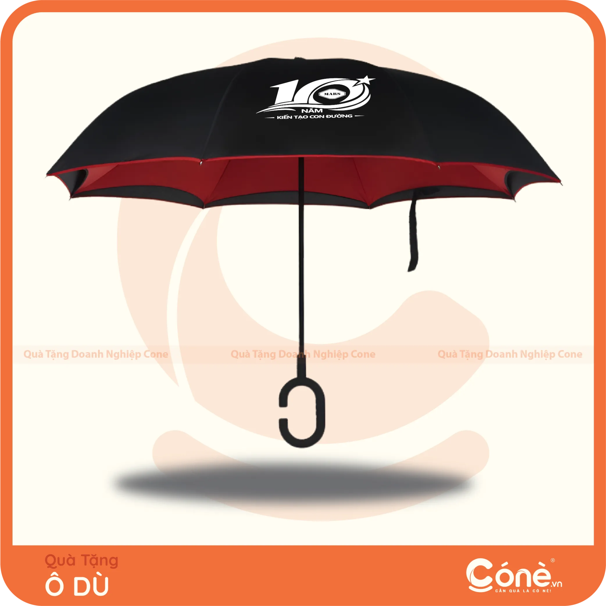 Ô dù gấp ngược quà tặng màu đen đỏ in logo kỷ niệm 10 năm