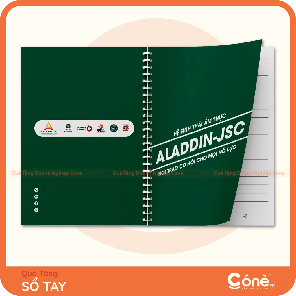 Sổ tay lò xo bìa xanh in logo doanh nghiệp Aladdin-JSC