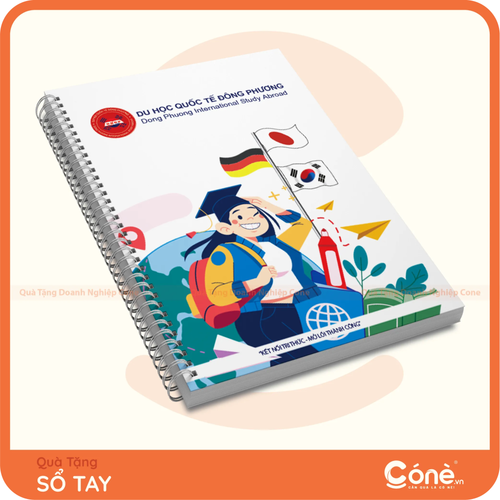 Sổ tay lò xo in logo doanh nghiệp với hình minh họa du học quốc tế Đông Phương