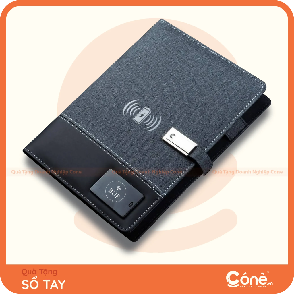 Sổ tay Note Pro in logo Búp Sky Cuisine màu xám đen tích hợp sạc không dây