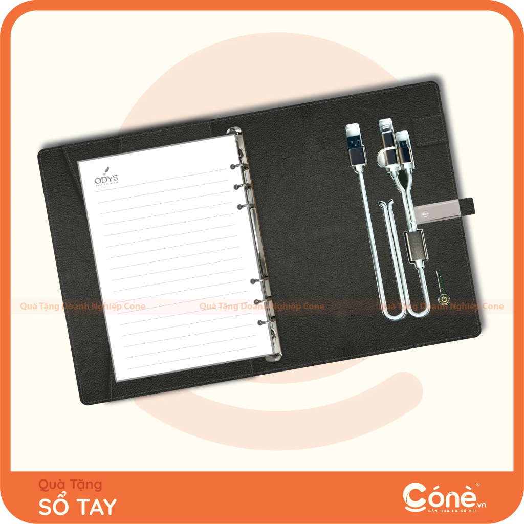 Sổ tay Note Pro mở phẳng với bìa còng và bộ cáp sạc bên trong