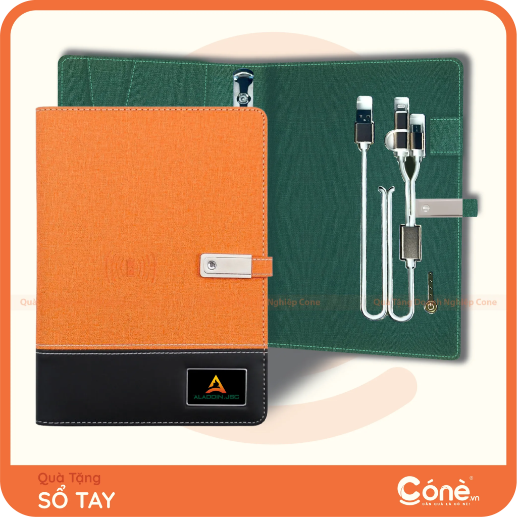 Sổ tay Note Pro tích hợp sạc không dây màu cam và xanh lá in logo Aladdin JSC
