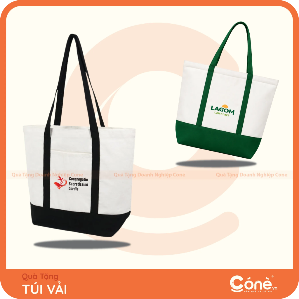 Túi vải trắng phối màu đen và xanh lá in logo doanh nghiệp
