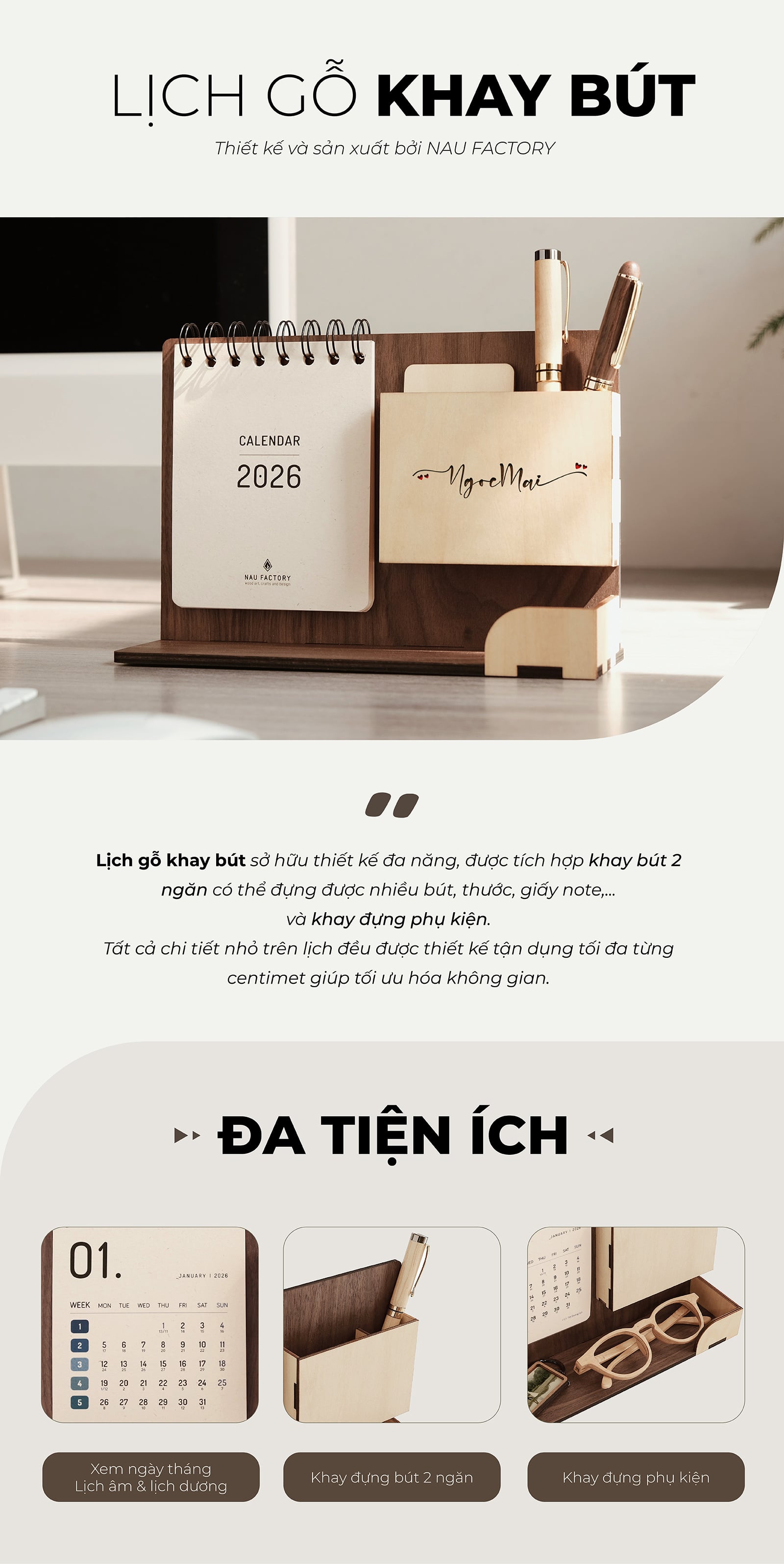 Lịch gỗ khay bút 2026