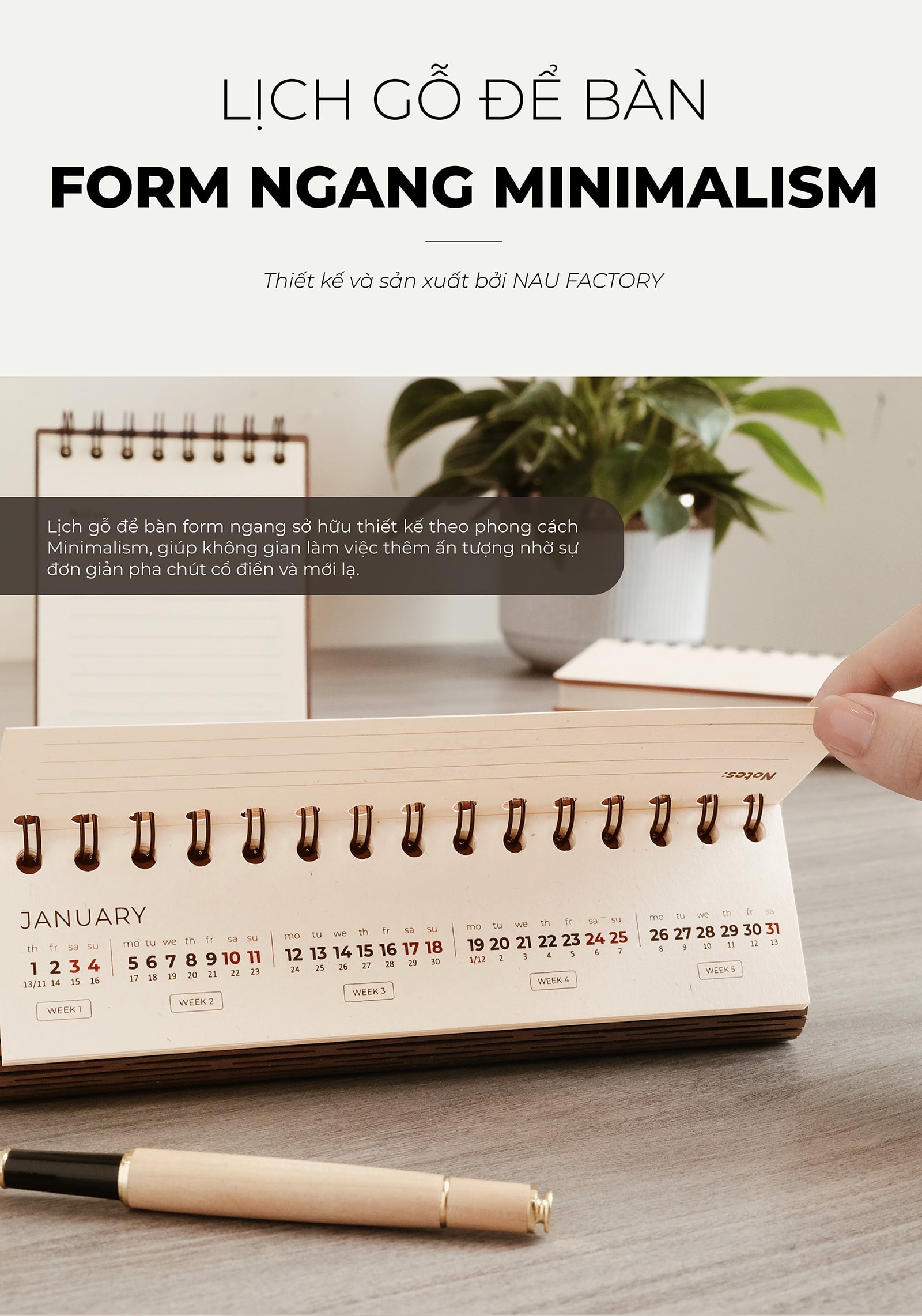 Lịch gỗ form ngang 2026