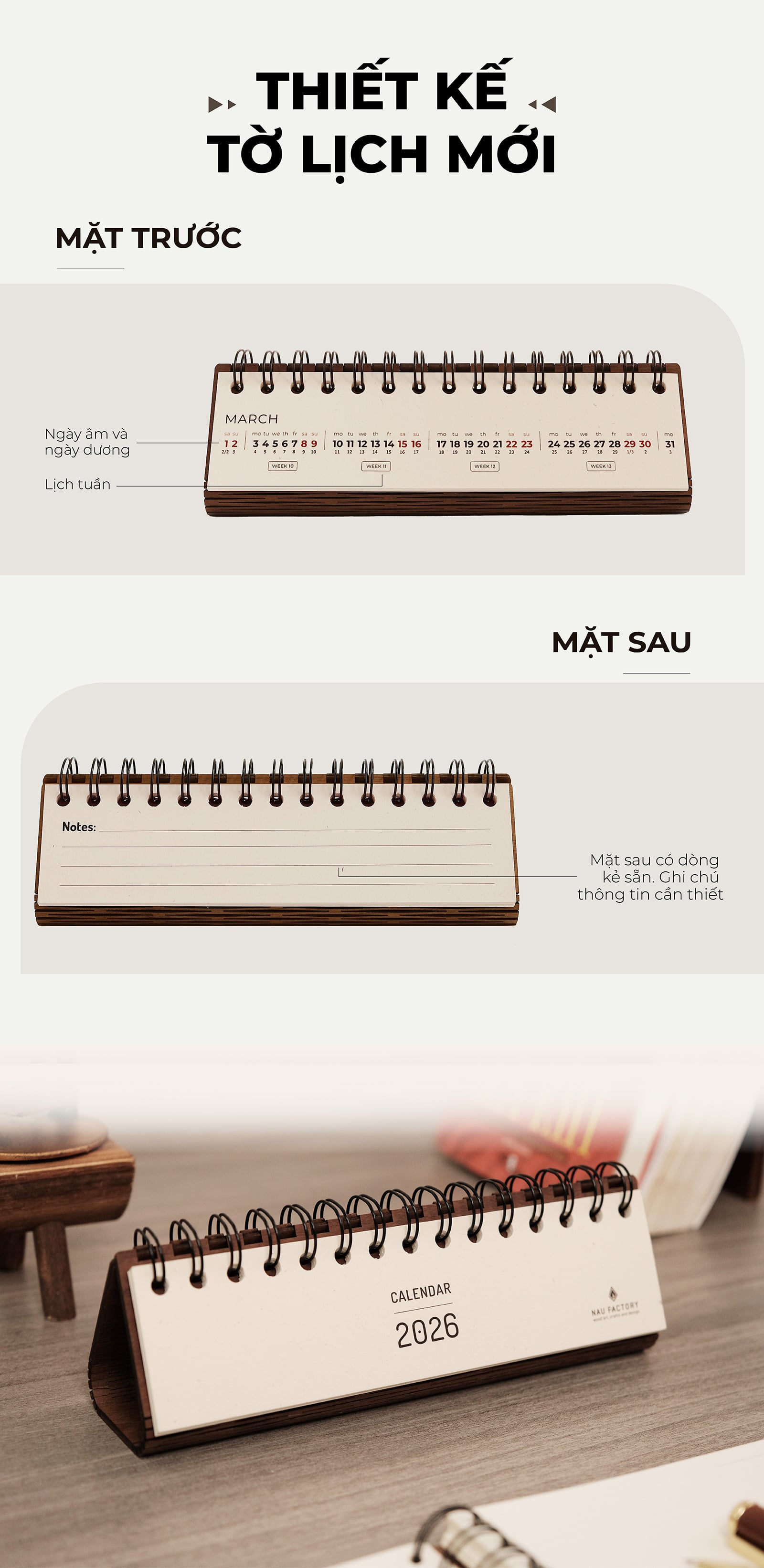 Lịch gỗ form ngang 2026