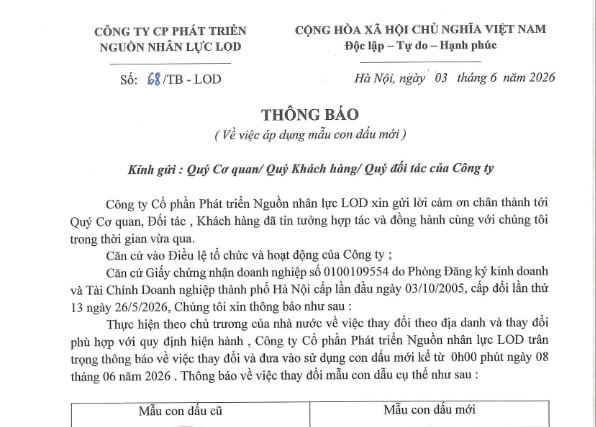 📢 THÔNG BÁO: CÔNG TY CP PHÁT TRIỂN NGUỒN NHÂN LỰC LOD CHÍNH THỨC SỬ DỤNG MẪU CON DẤU MỚI