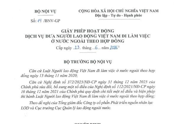 CÔNG TY CỔ PHẦN PHÁT TRIỂN NGUỒN NHÂN LỰC LOD ĐƯỢC CẤP ĐỔI GIẤY PHÉP HOẠT ĐỘNG DỊCH VỤ ĐƯA NGƯỜI LAO ĐỘNG ĐI LÀM VIỆC Ở NƯỚC NGOÀI