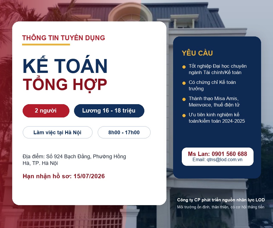 [TUYỂN DỤNG] 02 NHÂN VIÊN KẾ TOÁN TỔNG HỢP