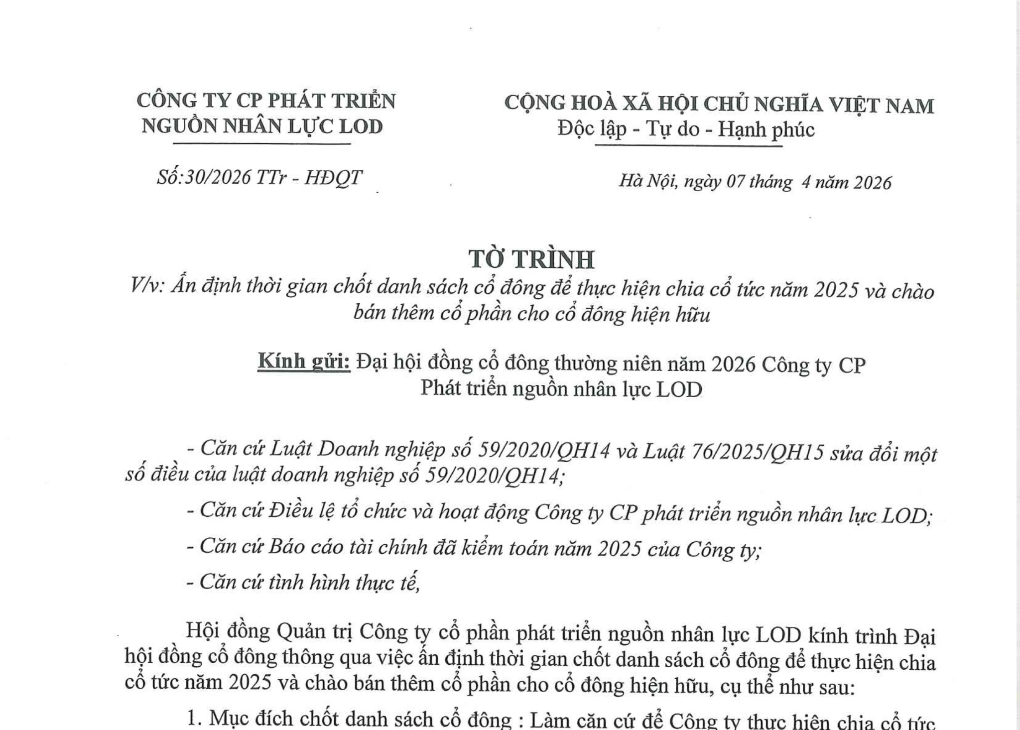 VỀ VIỆC ẤN ĐỊNH THỜI GIAN CHỐT DANH SÁCH CỔ ĐÔNG ĐỂ CHIA CỔ TỨC NĂM 2025 VÀ CHÀO BÁN THÊM CỔ PHẦN