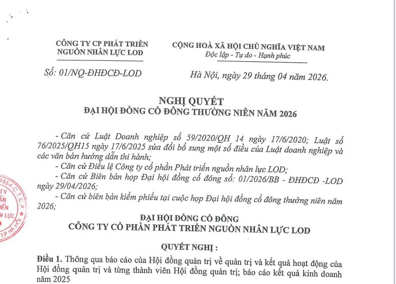 Thông báo tài liệu cổ đông Công ty CP Phát triển Nguồn nhân lực LOD