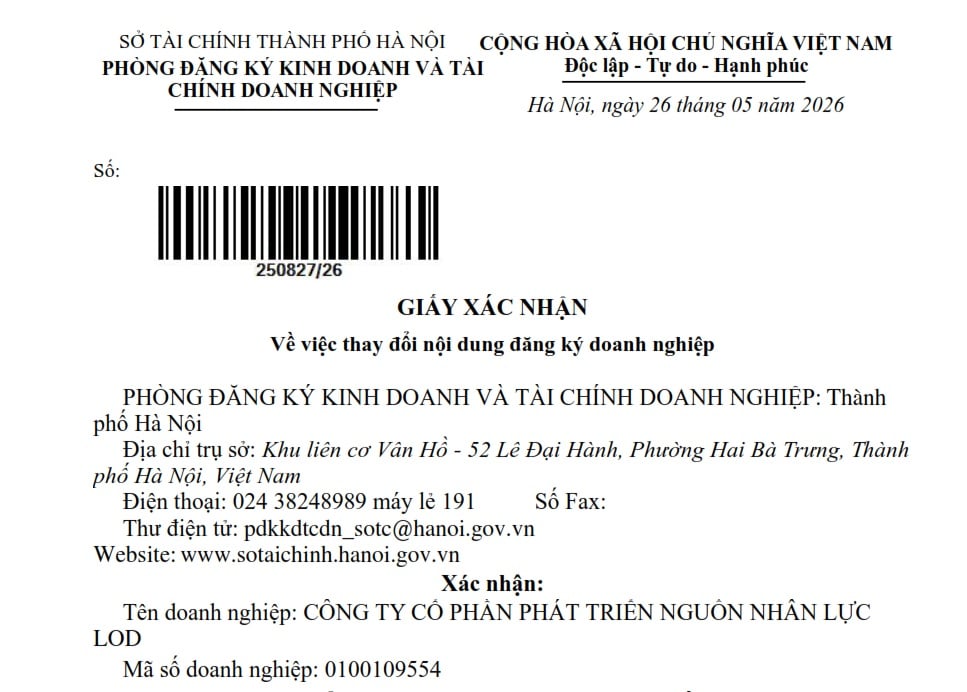 📢 THÔNG BÁO: CẬP NHẬT THÔNG TIN ĐĂNG KÝ DOANH NGHIỆP CỦA CÔNG TY CỔ PHẦN PHÁT TRIỂN NGUỒN NHÂN LỰC LOD