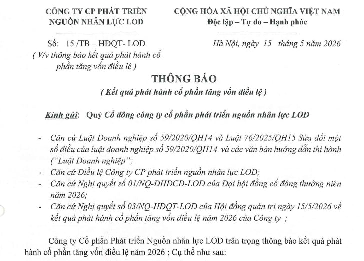 THÔNG BÁO: KẾT QUẢ PHÁT HÀNH CỔ PHẦN TĂNG VỐN ĐIỀU LỆ