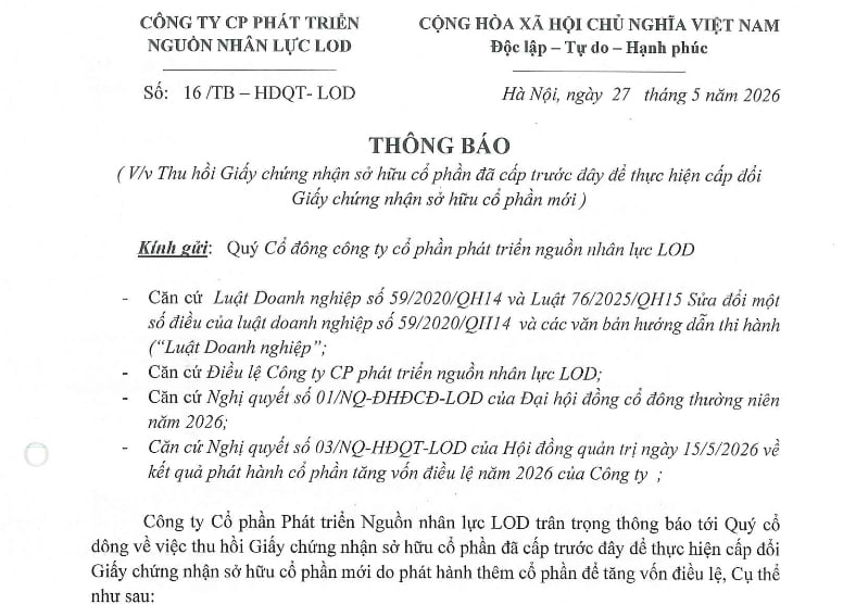 THÔNG BÁO: VỀ VIỆC THU HỒI VÀ CẤP ĐỔI GIẤY CHỨNG NHẬN SỞ HỮU CỔ PHẦN MỚI