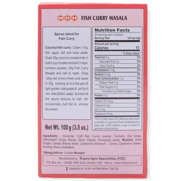 Thành phần dinh dưỡng bột gia vị cà ri cá Ấn Độ MDH Fish Curry Masala 100gr