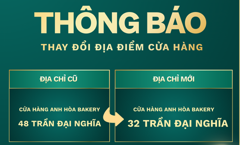 THÔNG BÁO THAY ĐỔI ĐỊA ĐIỂM CỬA HÀNG ANH HÒA BAKERY 48 TRẦN ĐẠI NGHĨA