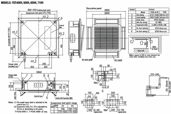 kích thước dàn lạnh điều hòa âm trần mitsubishi 2 chiều inverter 18000btu 21000btu 24000btu