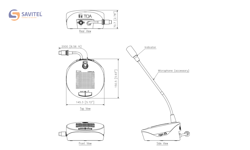 Kích thước của micro chủ tịch TOA TS-791L-AS