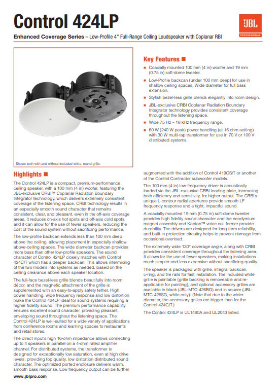 Loa JBL Control 424LP datasheet