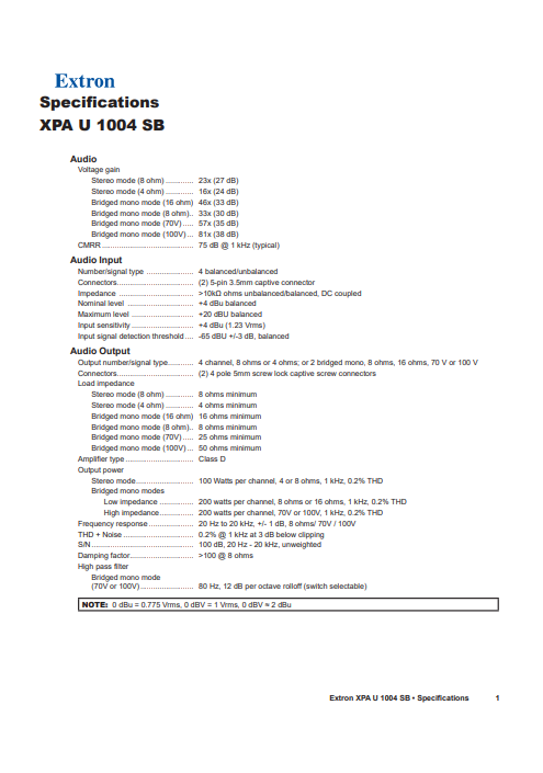 Extron XPA U 1004 SB Datasheet