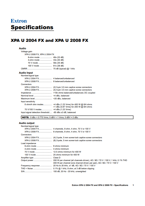 Extron XPA U 2004 FX datasheet
