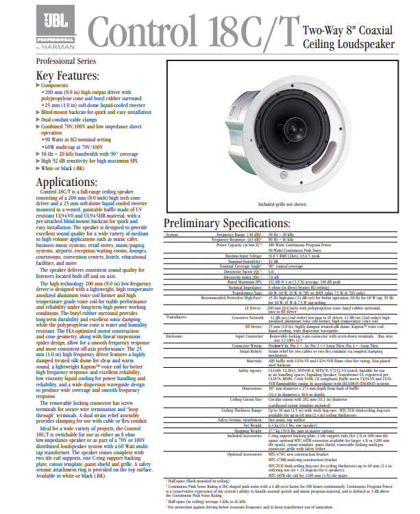 JBL CONTROL 18C/T Datasheet