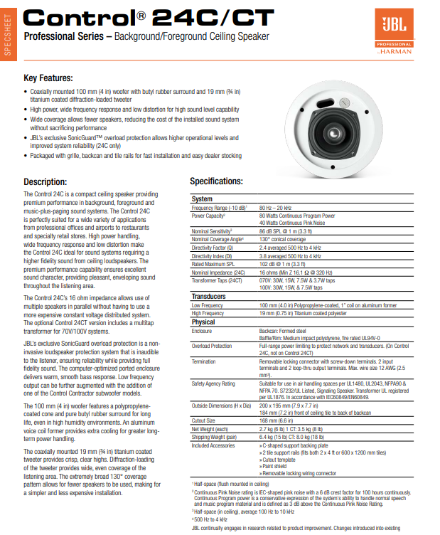JBL CONTROL 24 Datasheet