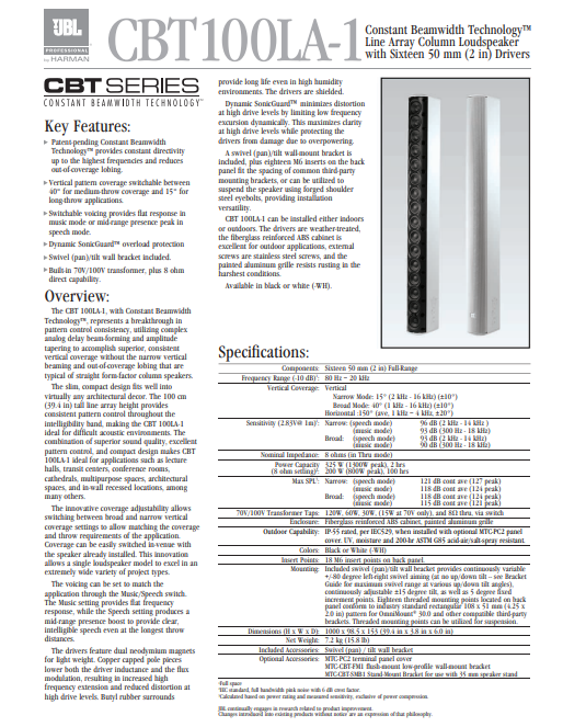 JBL CBT 100LA-1 Datasheet