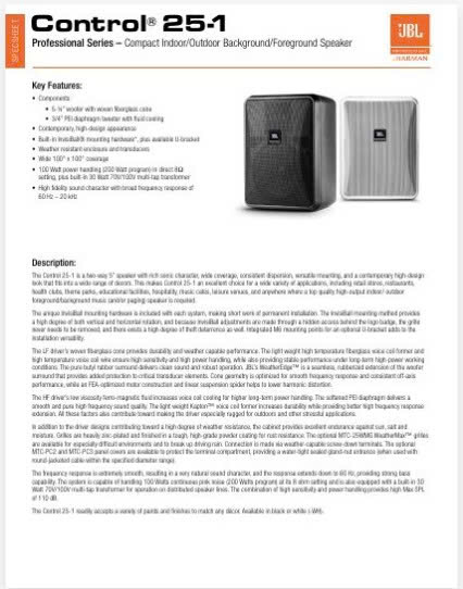 JBL Control 25-1 Datasheet
