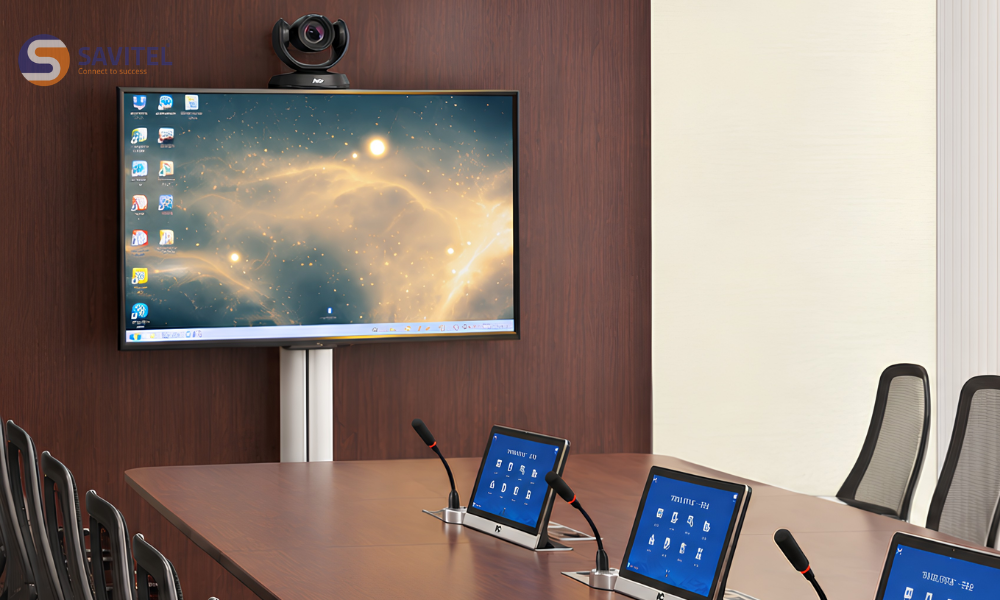 Camera hội nghị và camera PTZ kết hợp với màn hình kèm micro nâng hạ