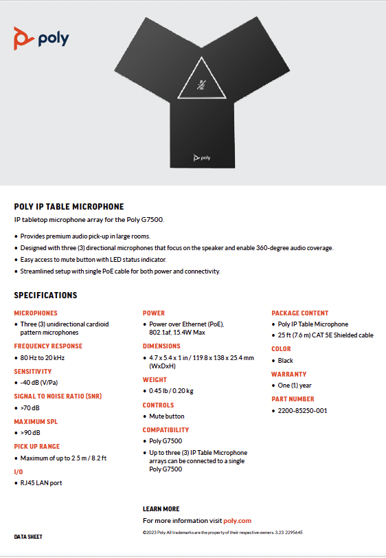 Poly IP Table Microphone for Poly G7500 Datasheet