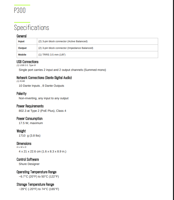 Shure IntelliMix P300 Datasheet