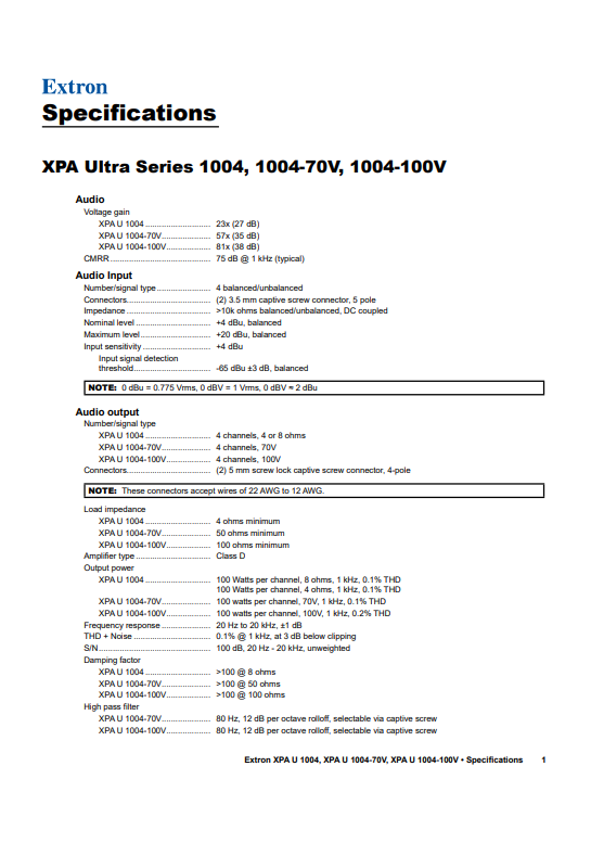 Extron XPA U 1004 datasheet
