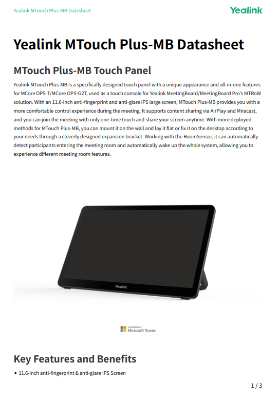 Yealink MTouch Plus-MB Datasheet