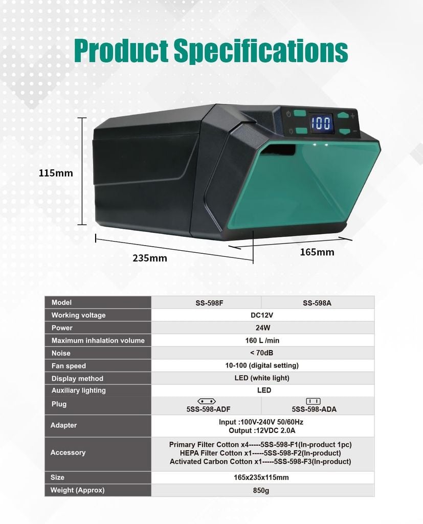 Máy hút khói hàn để bàn nhỏ gọn Pro'sKit SS-598F